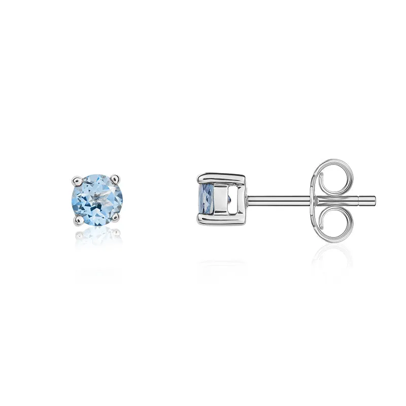 9ct White Gold Aquamarine 4mm Round Claw Set Stud Earrings