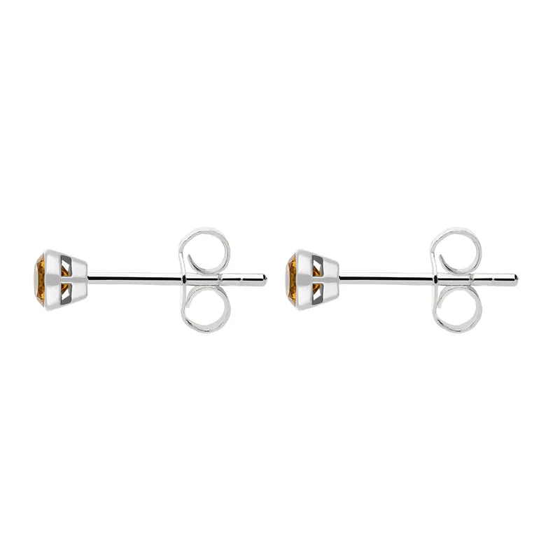 9ct White Gold Citrine 3mm Round Rub Over Set Stud Earrings