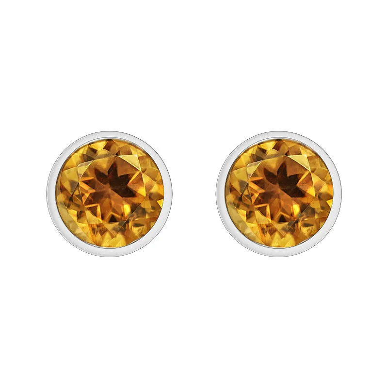 9ct White Gold Citrine 3mm Round Rub Over Set Stud Earrings