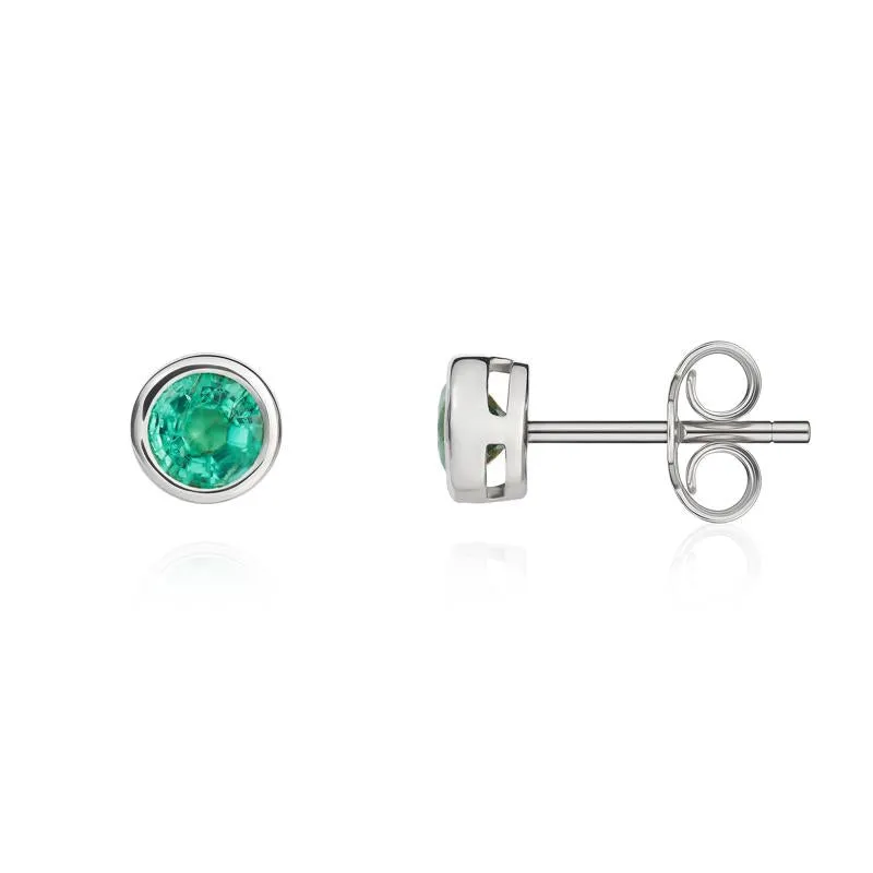 9ct White Gold Emerald 4mm Round Rub Over Set Stud Earrings