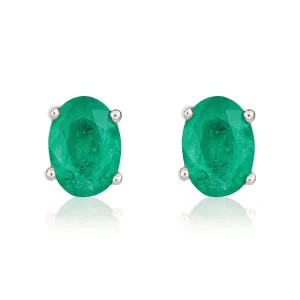 9ct White Gold Emerald 7x5mm Oval Claw Set Stud Earrings