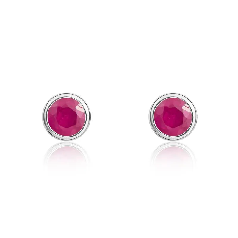 9ct White Gold Ruby 3mm Round Rub Over Set Stud Earrings