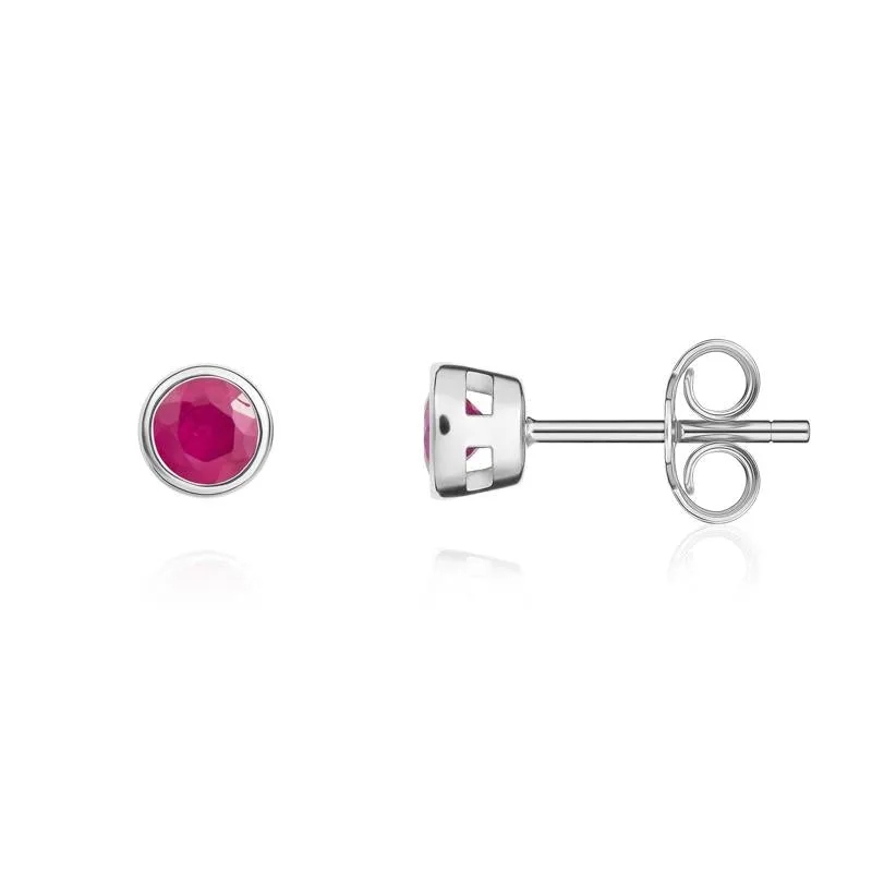 9ct White Gold Ruby 3mm Round Rub Over Set Stud Earrings
