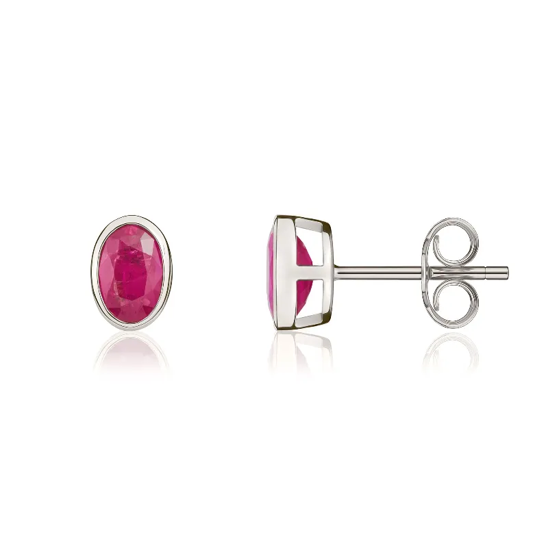 9ct White Gold Ruby 6x4mm Oval Rub Over Set Stud Earrings