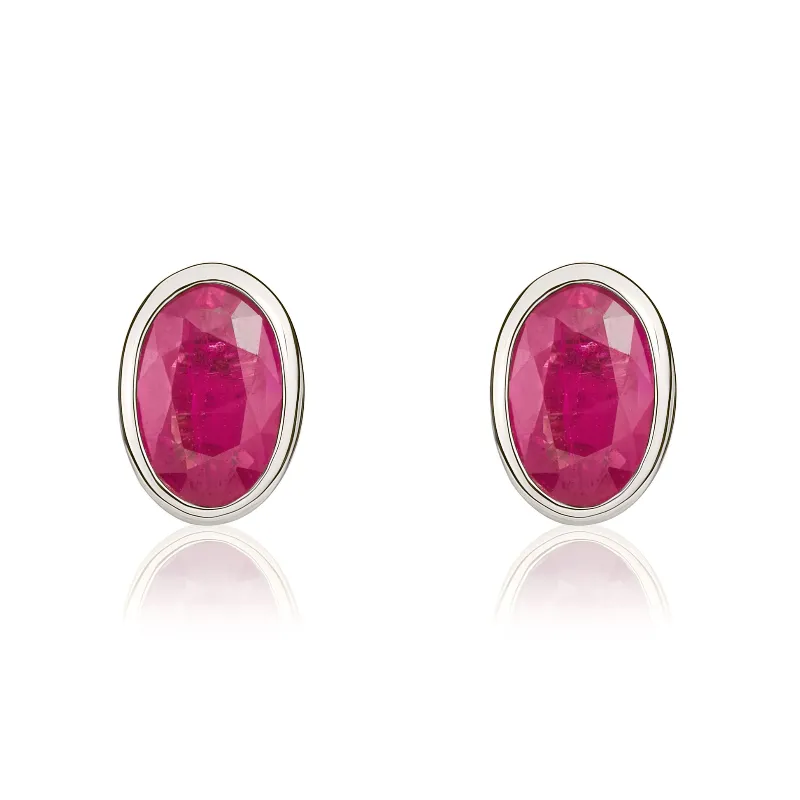 9ct White Gold Ruby 6x4mm Oval Rub Over Set Stud Earrings