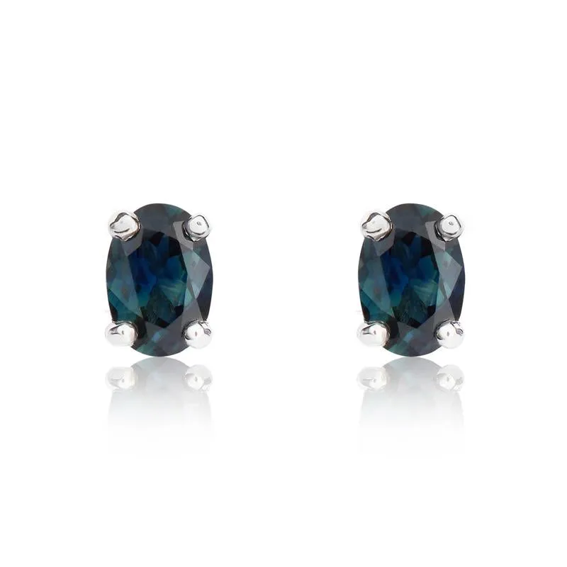 9ct White Gold Sapphire 6x4mm Oval Claw Set Stud Earrings