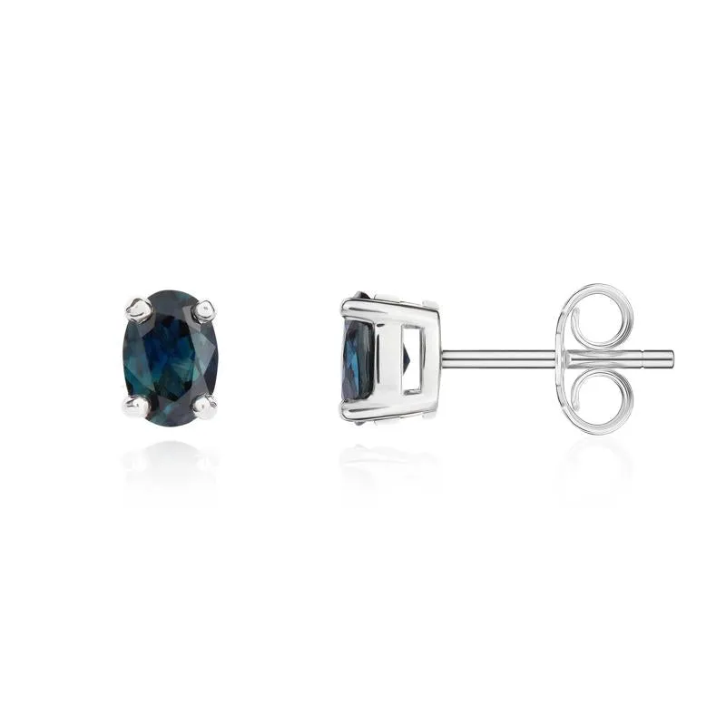 9ct White Gold Sapphire 6x4mm Oval Claw Set Stud Earrings
