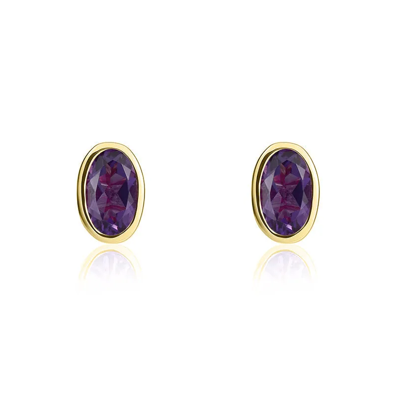 9ct Yellow Gold Amethyst 5x3mm Oval Rub Over Set Stud Earrings