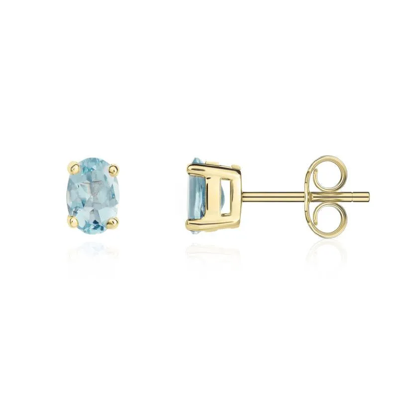 9ct Yellow Gold Aquamarine 6x4mm Oval Claw Set Stud Earrings