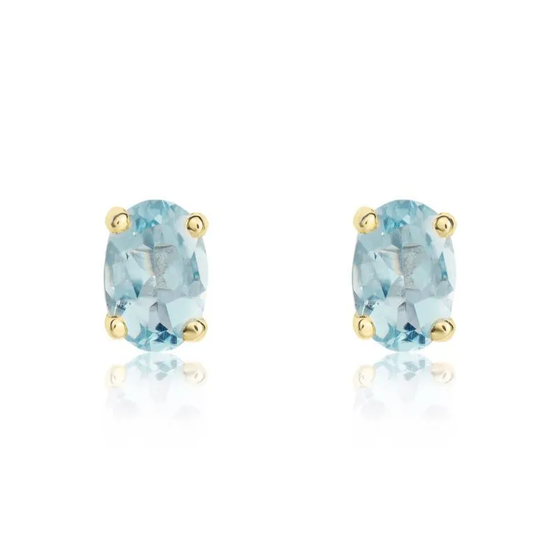 9ct Yellow Gold Aquamarine 6x4mm Oval Claw Set Stud Earrings