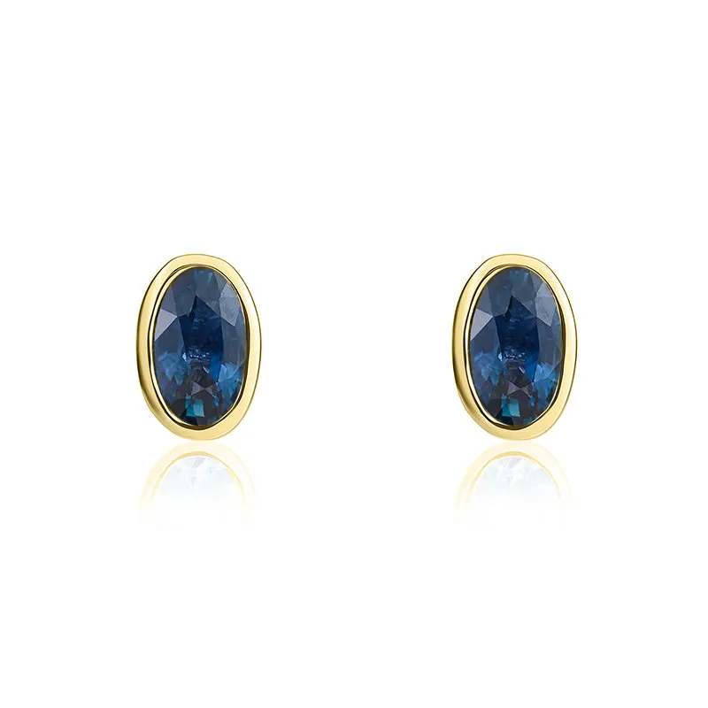 9ct Yellow Gold Sapphire 5x3mm Oval Rub Over Set Stud Earrings