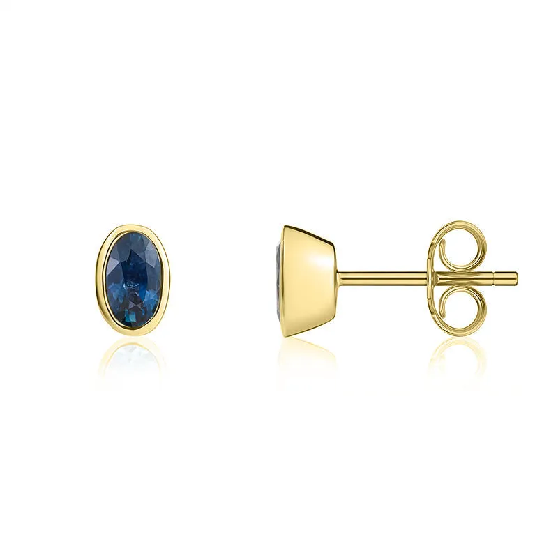 9ct Yellow Gold Sapphire 5x3mm Oval Rub Over Set Stud Earrings