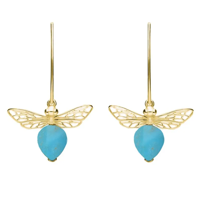 9ct Yellow Gold Turquoise Bee Small Hook Earrings