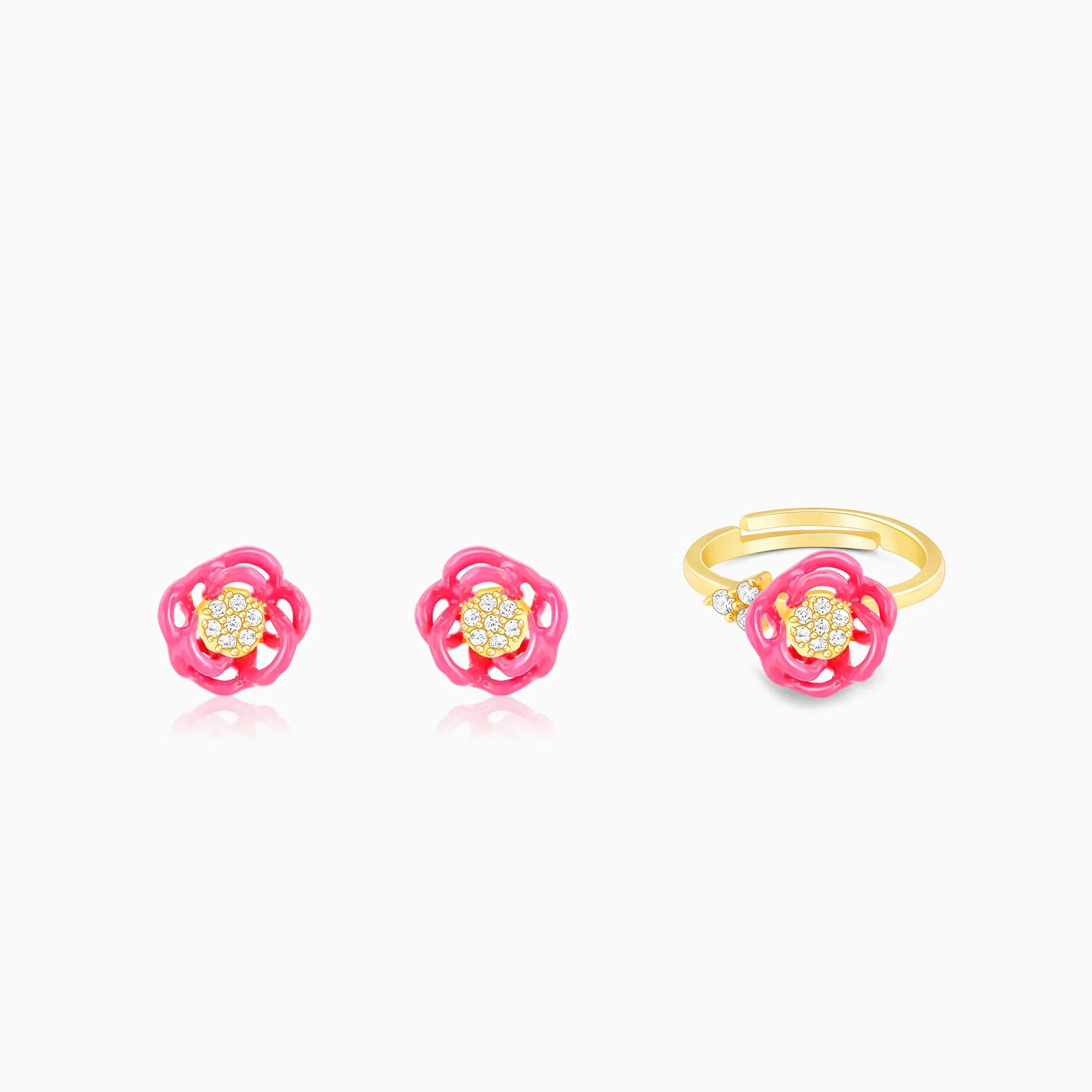 Golden Pink Brahma Kamal Bud Earrings And Ring Giva