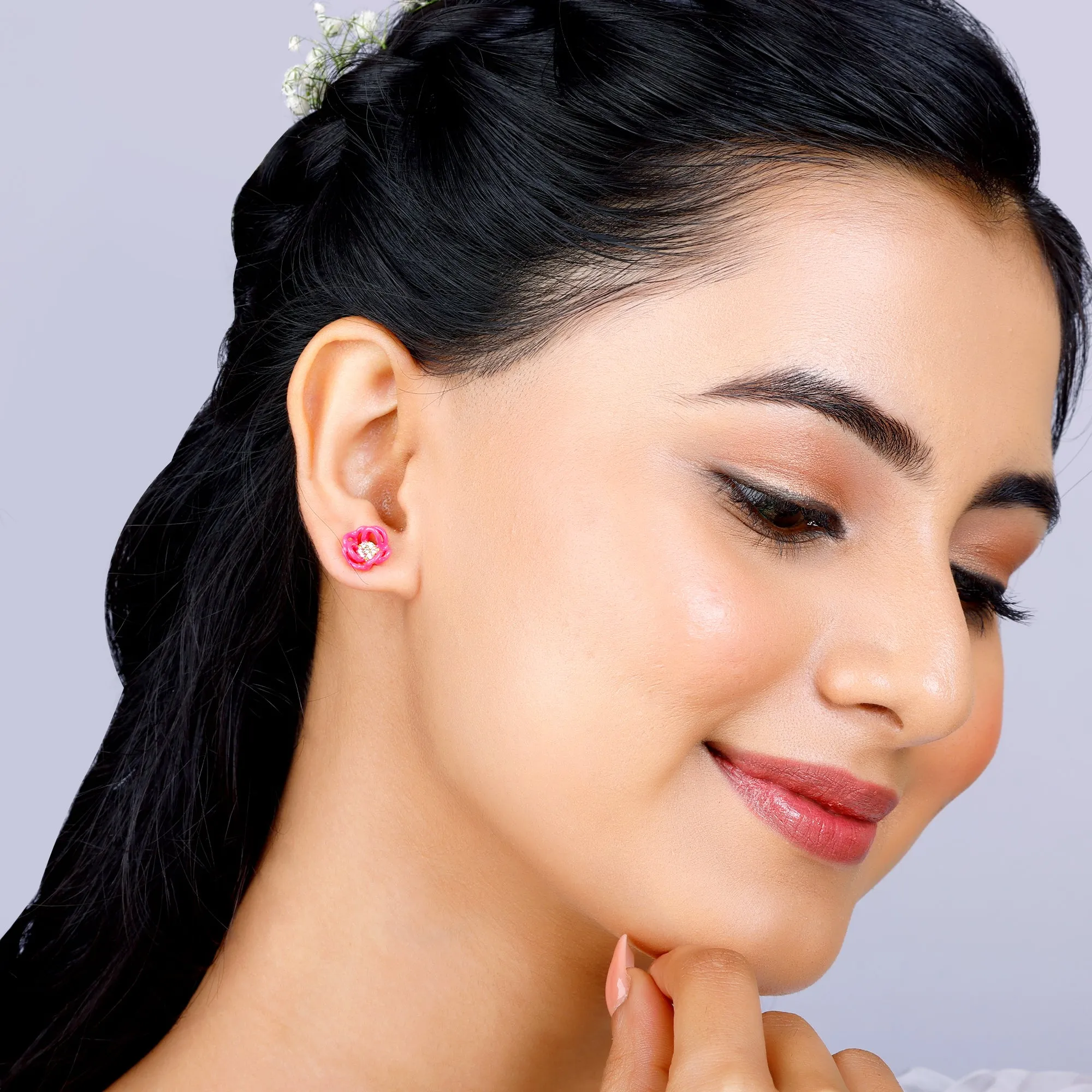 Golden Pink Brahma Kamal Bud Earrings And Ring Giva