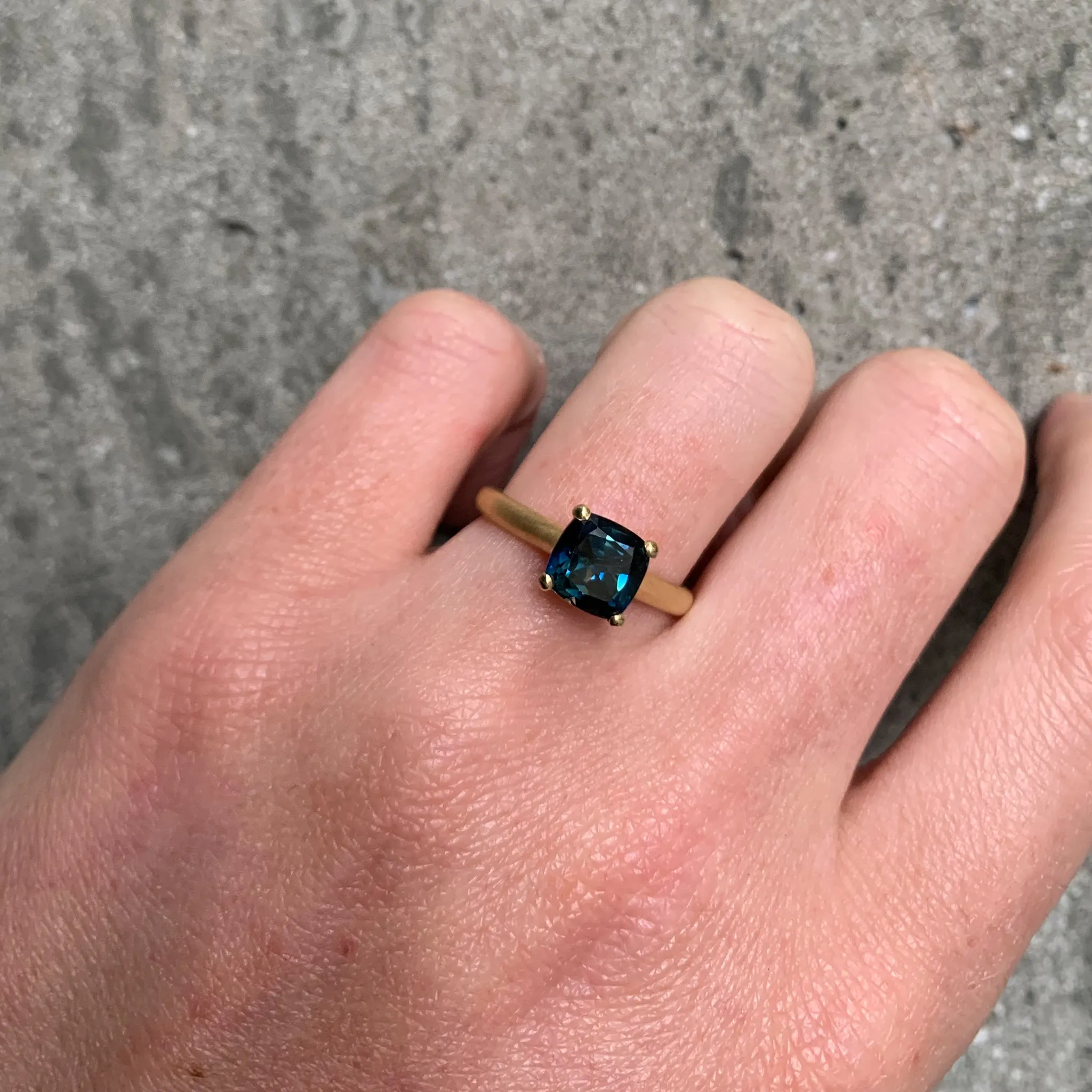 Harvest Cushion Parti teal blue Sapphire Ring Pieces of Eight