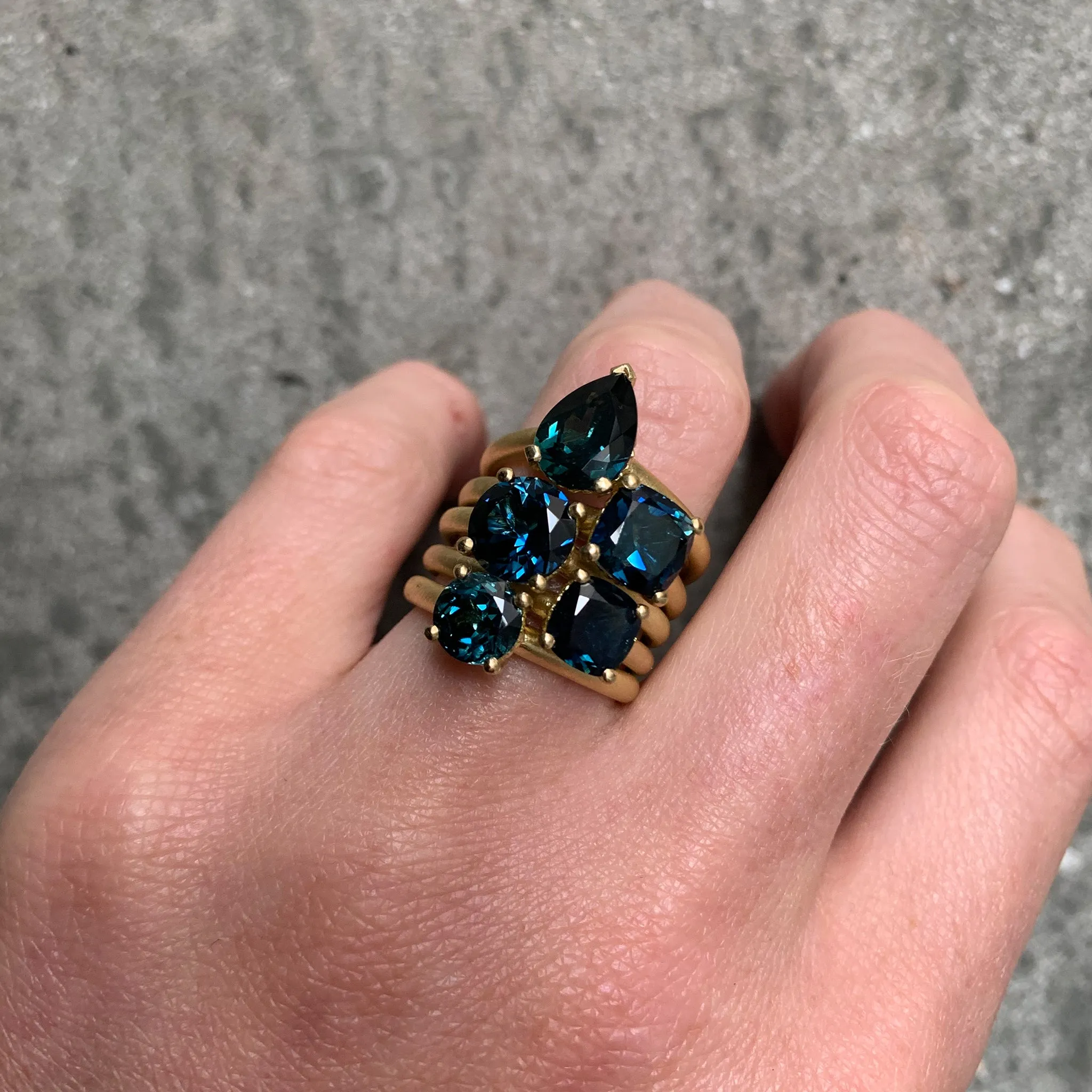 Harvest Cushion Parti teal blue Sapphire Ring Pieces of Eight