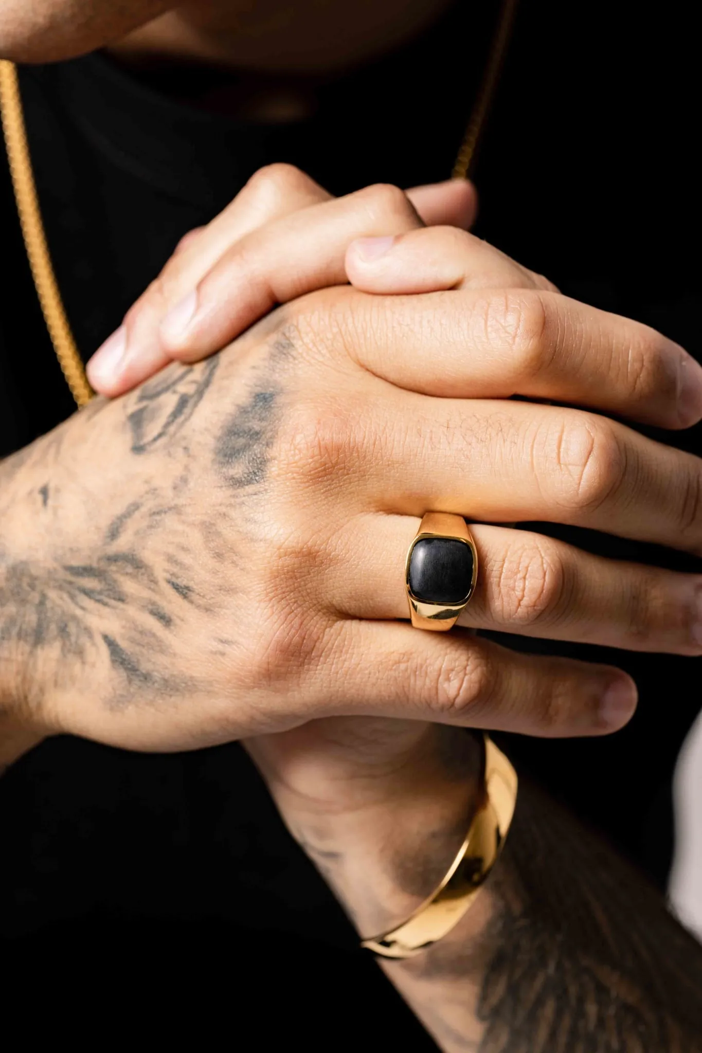 IX Cushion Signet 22K Gold Plated w. Onyx Ring