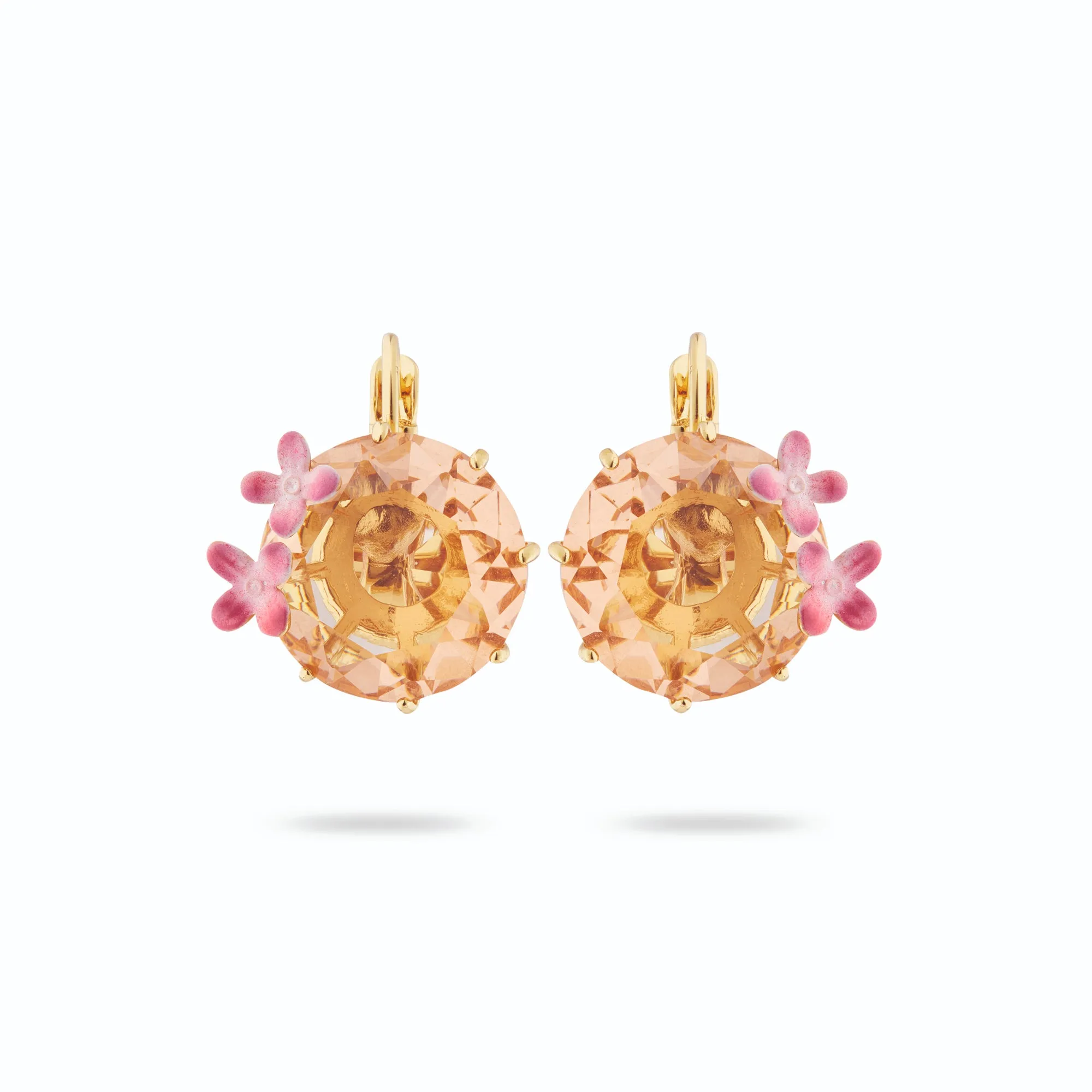 Les Nereides Apricot Peach Diamantine Flower and Round Stone Sleeper Earrings
