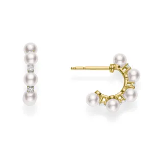 Mikimoto 18ct Yellow Gold Akoya Pearl Diamond Hoop Earrings
