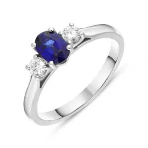 Platinum Sapphire Diamond Oval Cut Three Stone Ring