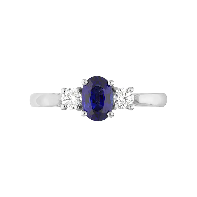 Platinum Sapphire Diamond Oval Cut Three Stone Ring