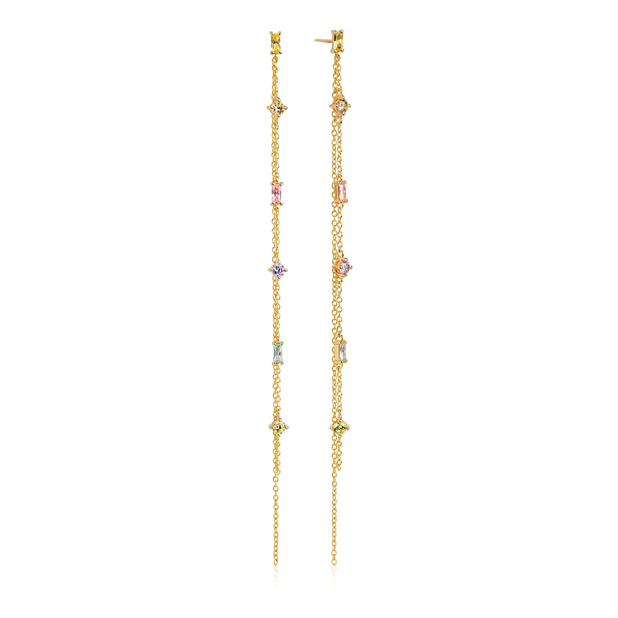 Princess Gold Plated Double Chain Earrings w. Green, Blue, Purple & Pink Zirconias
