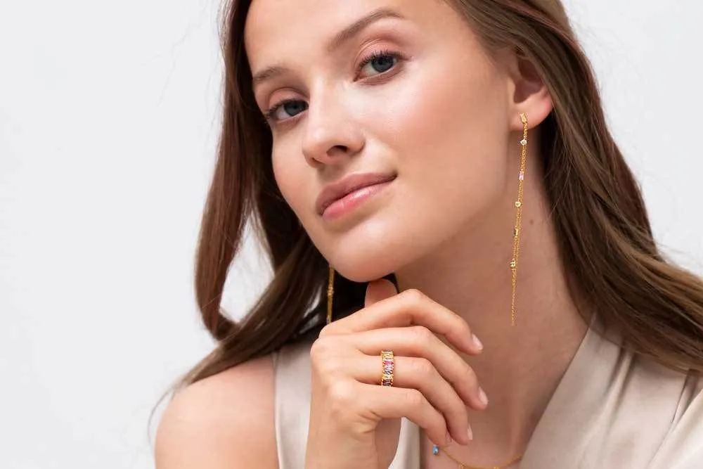 Princess Gold Plated Double Chain Earrings w. Green, Blue, Purple & Pink Zirconias
