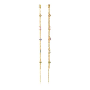 Princess Gold Plated Double Chain Earrings w. Green, Blue, Purple & Pink Zirconias