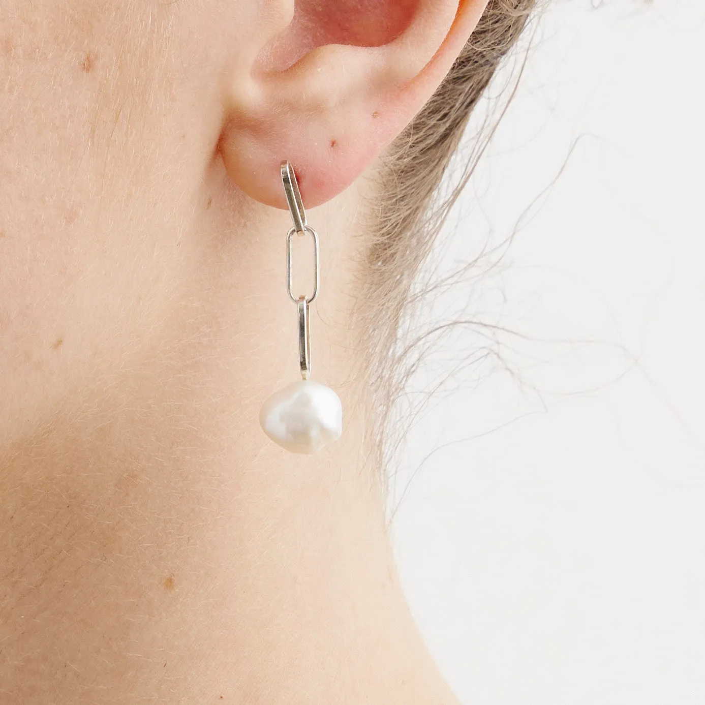 Silver Baroque Pearl Drop Short Link Earrings Pieces of Eight