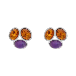 Sterling Silver Amber Amethyst Oval Stud Earrings