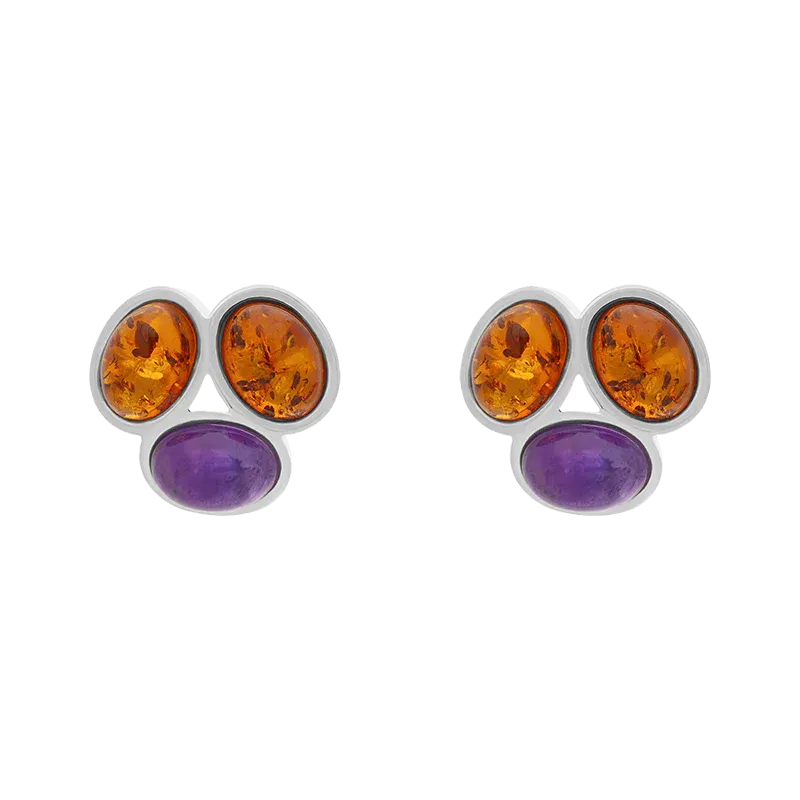 Sterling Silver Amber Amethyst Oval Stud Earrings