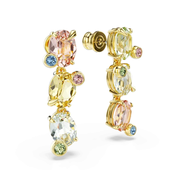 Swarovski Gema Drop Earrings Asymmetrical design Mixed cuts Multicolored Gold-tone plated