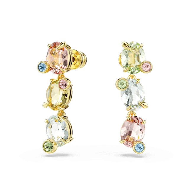 Swarovski Gema Drop Earrings Asymmetrical design Mixed cuts Multicolored Gold-tone plated