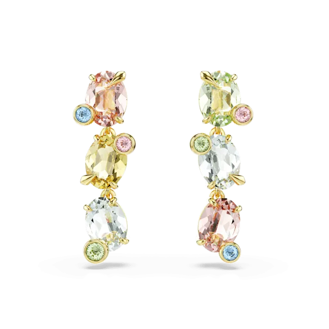 Swarovski Gema Drop Earrings Asymmetrical design Mixed cuts Multicolored Gold-tone plated
