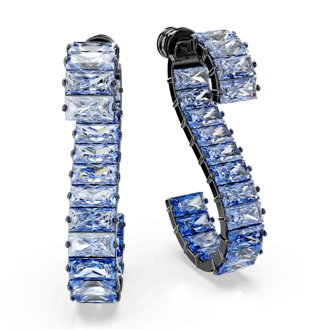 Swarovski Matrix Drop Earrings Baguette cut Blue Ruthenium plated