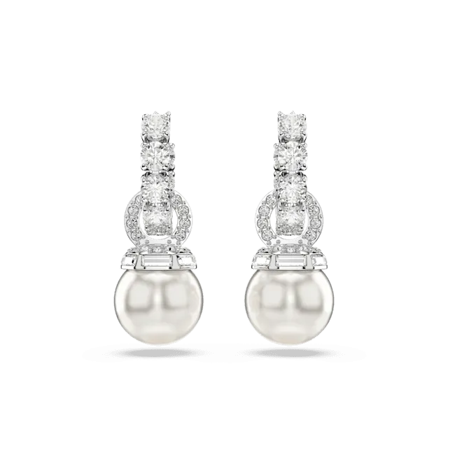 Swarovski Matrix Drop Earrings Crystal Pearl Round Cut White Rhodium Plated