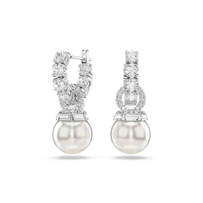 Swarovski Matrix Drop Earrings Crystal Pearl Round Cut White Rhodium Plated