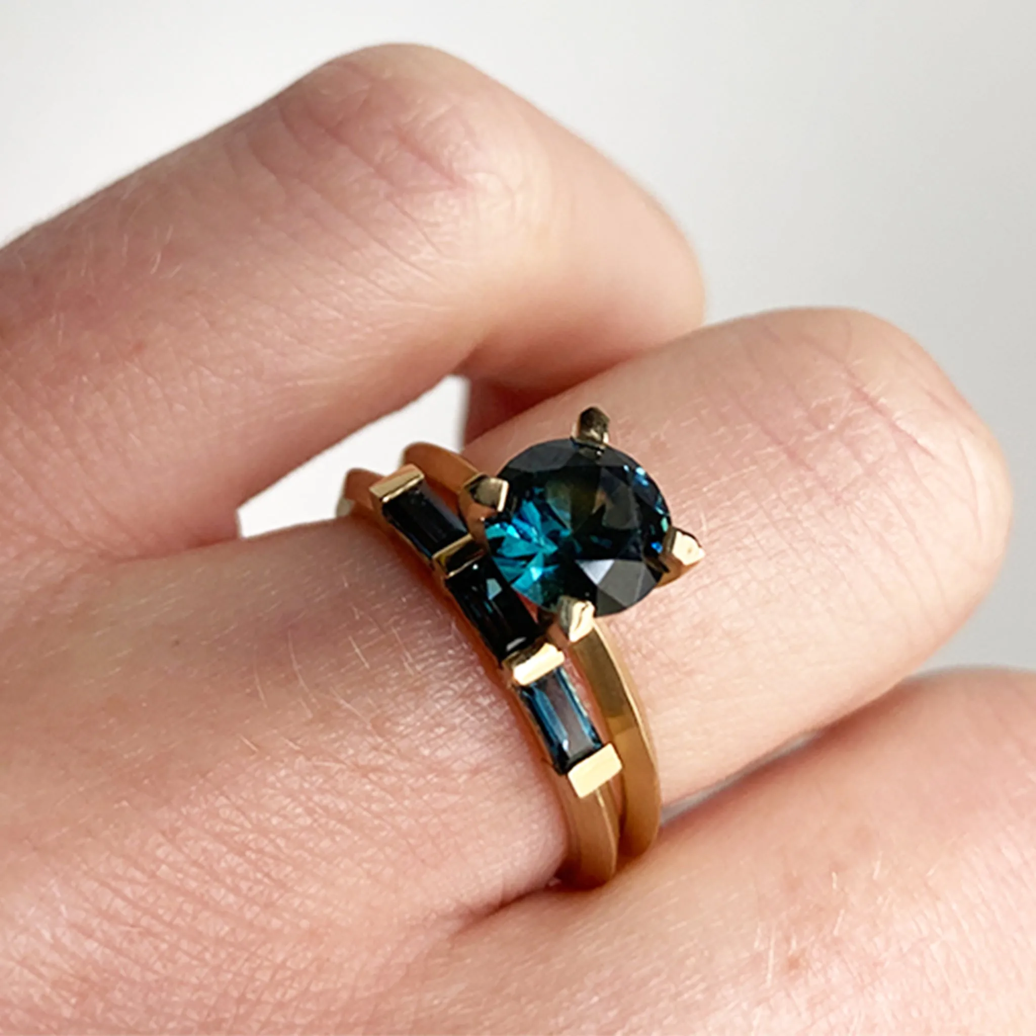 Three Stone Baguette Parti Sapphire Ring Pieces of Eight